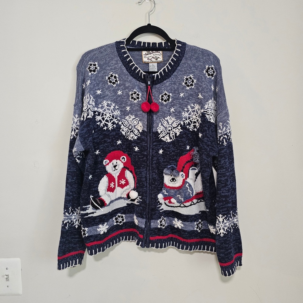 Vintage Holiday Polar Bear Sweater Women XL‎ Blue Zip Up Ugly Christmas Winter